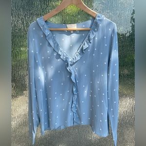 Sezane Capucine 100% Silk Light Blue Ivory Polka Dot Blouse